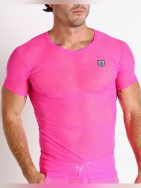 TOF Paris Neon Pink Mesh V-Neck T-Shirt Men’s size XL